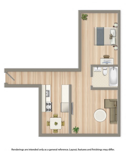 meridian park one bedroom apartment floor plan rendering
